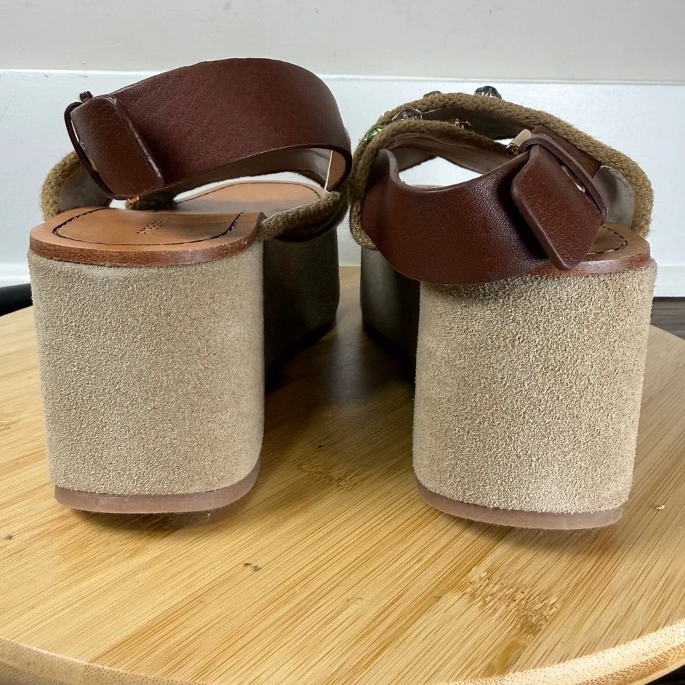 Free People Beach Club Platform Sandals Womens 8 Tan Jeweled Boho Chunky Shoes